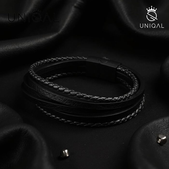 Чоловічий шкіряний браслет UNIQAL 'Premium Style' з нержавіючої сталі, чорний (BLACKY, 19 см)