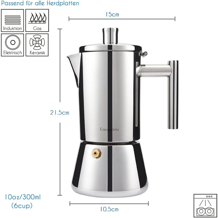 Easyworkz Diego Espresso Maker for Stove, Stainless Steel, Italian Coffee Machine, Moka Pot for 6 Cups, 300 ml Espresso Pot for Induction Silver