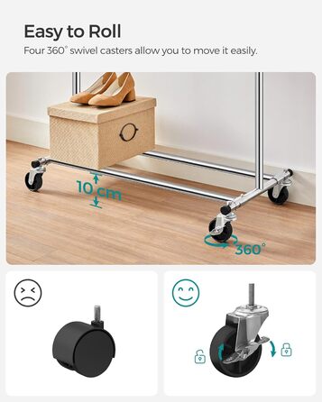 SONGMICS Heavy-Duty Clothes Rack, 2-Piece Set, Rolling Garment Rack, Holds up to 90 kg, with Extendable Wardrobe Rack, Folding Base, Shelf for Boxes, Silver HSR013S02