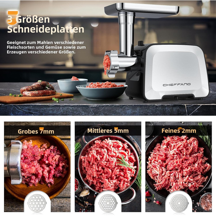 М'ясорубка електрична 2800 Вт нержавіюча сталь з насадками для ковбас та кубебе, для дому Mg090c