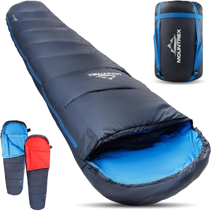 Сплячий мішок MOUNTREX® - компактний та ультралегкий (760г/1500г) - Outdoor (100GSM) / 3-4 сезони (300GSM) - Мумієподібний спальний мішок – кемпінг, подорожі, фестивалі – теплий та з'єднуваний (Темно-синій/Синій, 3 сезони - 1500г (RV Ліворуч))