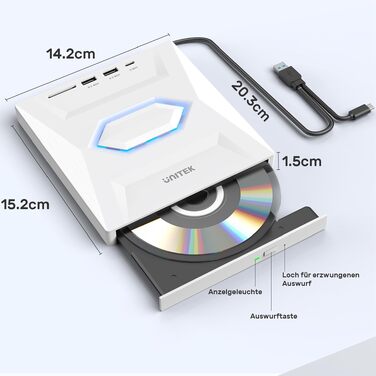 Зовнішній USB-C CD/DVD-привід UNITEK з картридером SD, USB 3.0 хабом та записом CD-ROM, білий — для ноутбуків, ПК (Windows, Linux, macOS)