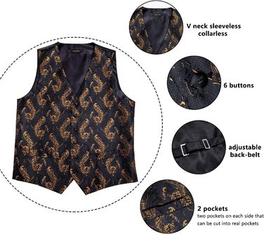 Чоловічий комплект Dibangu з шовку, візерунок павич, жилет та краватка, метелик-трансформер, формальний жилет для весілля, вечірки, 6 шт. Чорний, золотий