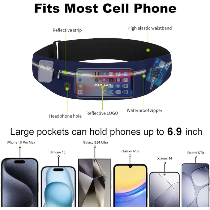 Сумка на пояс Haissky для бігу та спорту: зручна та компактна, до 6.9 дюймів, чорний/морський блакитний