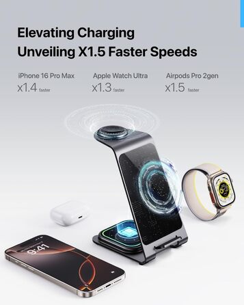 Бездротова зарядка Induktive з підтримкою MagSafe для iPhone 16 Pro/16/16 Pro Max/15 Pro/15/15 Pro Max, Apple Watch 10/Ultra 2/SE/9/8/7/6/5/4/3/2 та AirPods 4/3/2/Pro (сіра)