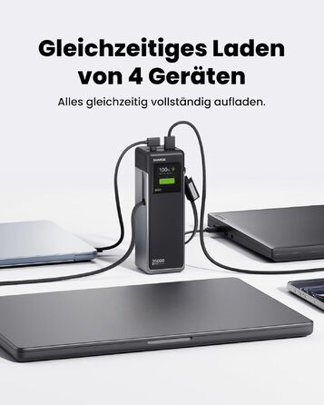 Потужний павербанк SHARGE HyperTower 170W 25000mAh з TFT-дисплеєм, 4 портами (3x USB-C, 1x USB-A) та вбудованими кабелями для MacBook Pro та ноутбуків, чорний