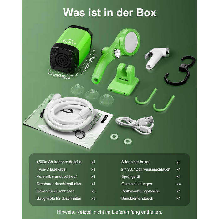Портативна електродушова система Campingdusche з акумулятором 4500mAh, IPX7, дисплей, для кемпінгу, відпочинку на природі, автомийки, зелена
