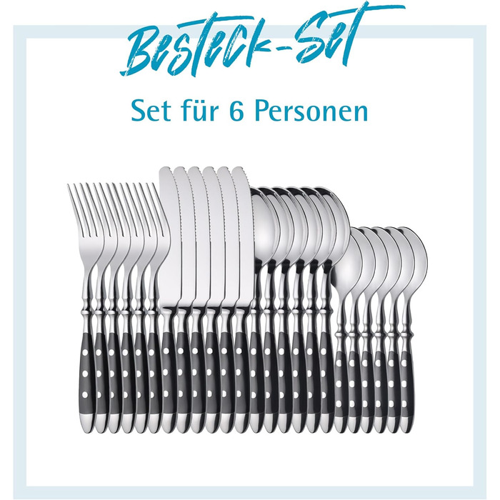 GRÄWE Stainless Steel Cutlery Set for 6 People, Heavy, Rustic, Flatware Set 24-Piece, Forged Cutlery with Black Handles - Nuremberg Series