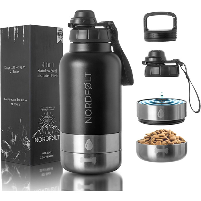 Водяна пляшка для собак на прогулянці 4-в-1, 950 мл, з мисками для води та корму, з нержавіючої сталі, BPA-Free