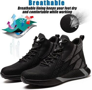 Легкі захисні черевики для чоловіків та жінок. Робочі черевики з металевим носком. Дихаючі, неслизькі, чорні. Розміри 35-48 EU.