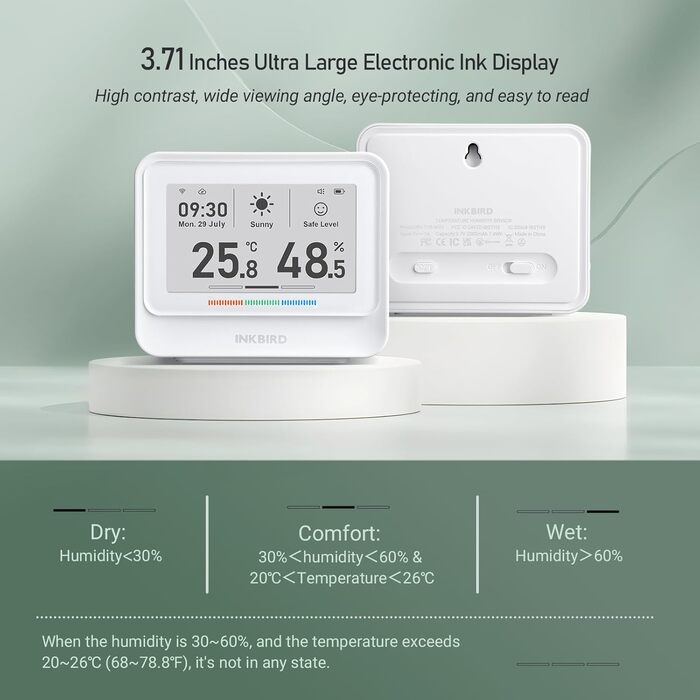 INKBIRD IBS-TH5-WIFI Thermometer, Hygrometer, 8-in-1, WiFi Thermometer, Hygrometer with Electronic Ink Display, Real-Time Weather and Forecast, App Control, Notification Alarm for Home,