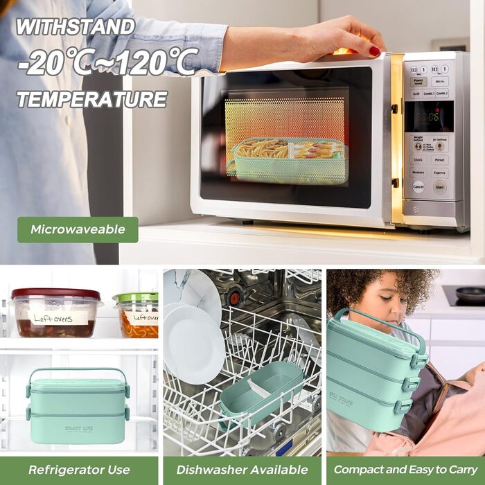 Бенто-бокс 2700 мл, 3-рівневий з виделкою та ложкою, 4-в-1, для їжі, зберігання продуктів, для чоловіків, жінок, студентів, мікрохвильова та посудомийна машини (Хакі, Легкоблакитний)