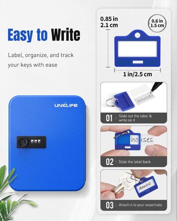 Шкафчик для ключів Uniclife на 60 позицій з комбінацією та ключовим замком, переналаштовується, цифрова скринька безпеки, органайзер для ключів з регульованими полицями (20 ключів, блакитний)