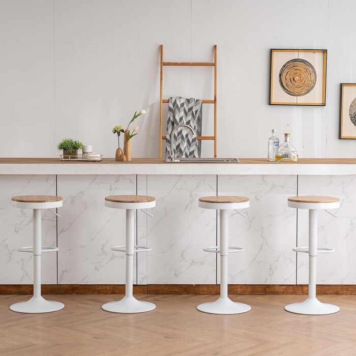Kidol Adjustable Height Bar Stools 2-Pack - 360° Swivel, Round Wooden Seat on Metal Frame, for Kitchen/Bar/Living Room (White)