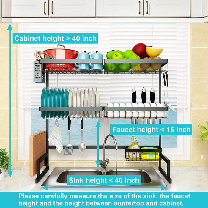 Сушарка для посуду на мийку, 3-ярусна, нержавіюча сталь, регульована (84-102 см), велика сушарка для стільниці (чорна)