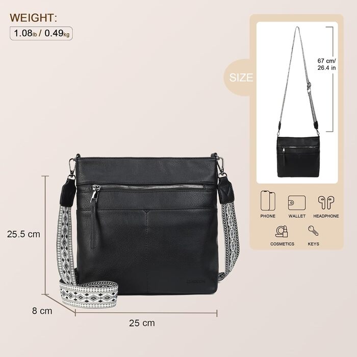 Сумка жіноча Gladdon шкіряна чорна крос-боді середнього розміру через плече з широким ременем та жакардовою тканиною