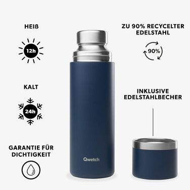 Qwetch Stainless Steel Thermos - 750ml Insulated Flask & Thermos Bottle with Recycled Stainless Steel Cup - 24h Cold & 12h Hot - Leakproof, BPA-Free & Perfect for Coffee & Tea - Brushed Stainless Steel, Marine Blue