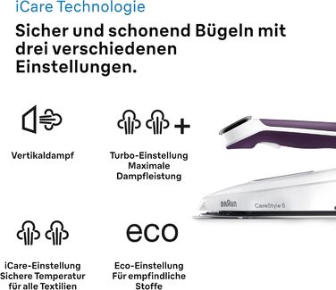 Braun Household CareStyle 5 IS5247 VI Steam Station - Steam Iron with FreeGlide 3D Soleplate, iCare Mode, Vertical Steaming, Detachable 2L Water Tank, 500 g/min Steam Boost, 2400W, Violet