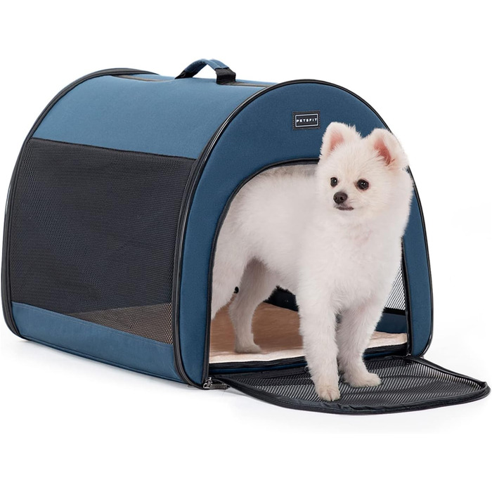 Складана переноска для собак Petfit для маленьких собак і котів, портативна та дихаюча переноска для дому з вигнутим дахом, переноска-ліжко для собак з анти-відкриваючим блискавкою та подушкою (Блакитний, S)