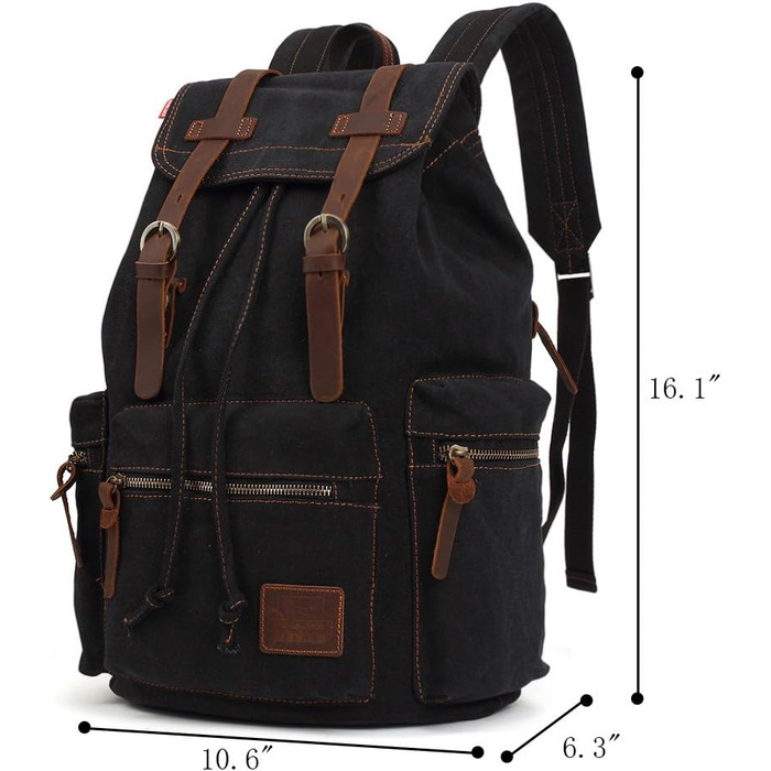Чорний рюкзак KAUKKO 15 дюймів: стильний ретро-рюкзак для жінок та чоловіків, 27×16×41 см, велика місткість, ідеальний для подорожей, кемпінгу та активного відпочинку