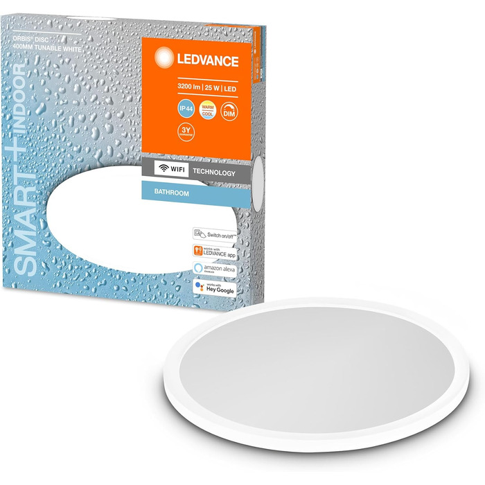 LEDVANCE Smart LED Bathroom Lamp white, 1200LM, 3000-6500K, 300mm x 70mm, IP44, Orbis Bath Bathroom Fixture with Wifi Technology, dimmable, controllable via app and voice assistants (White, 40cm, Disc)