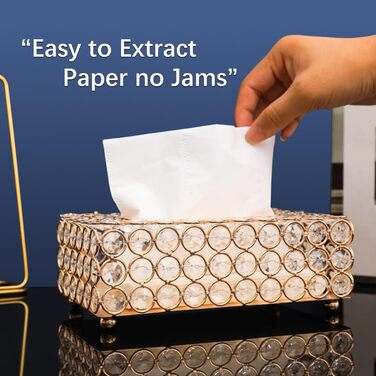 Crystal Cosmetic Box 20 × 13 × 6 cm Rectangular Gold Decorative Tissue Box, Metal Rhinestones Glitter Cosmetic Tissues Desktop Tissue Box for Bedroom Bathroom Living Room