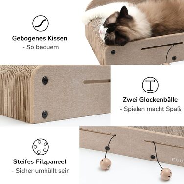 Cat Scratch Board, 66CM Durable Scratch Cardboard and Felt, Large Lounger, 2 Reversible Cat Scratch Pads for Cats, Recyclable Cardboard Cat Bed with Bell Ball Toy, Caramel Color (Large Format Beige)