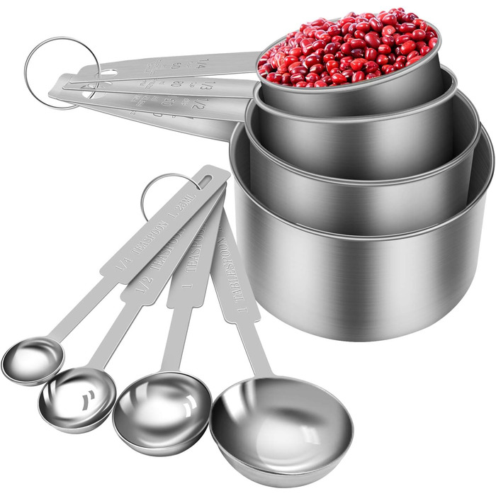 Набір мірних ложок та мірний стакан з нержавіючої сталі (8 шт.) - для рідин та сухих інгредієнтів, випічки