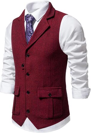Чоловіча жилетка формальна V-подібний виріз, твід, жилетка в клітинку 'риб'ячий скелет', Slim Fit, жилетка до костюма з кишенею, бордовий