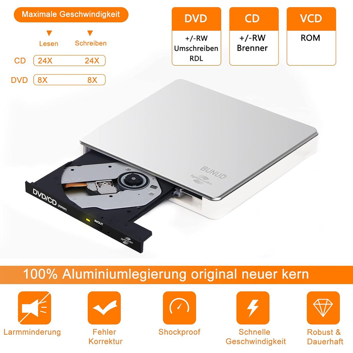 Зовнішній DVD-накопичувач BUNUD Lightscribe для Mac та Windows: USB 3.0 Type-C, DVD-записувач з картридером SD/TF та 2 USB-портами для MacBook, iMac, ноутбуків та PC