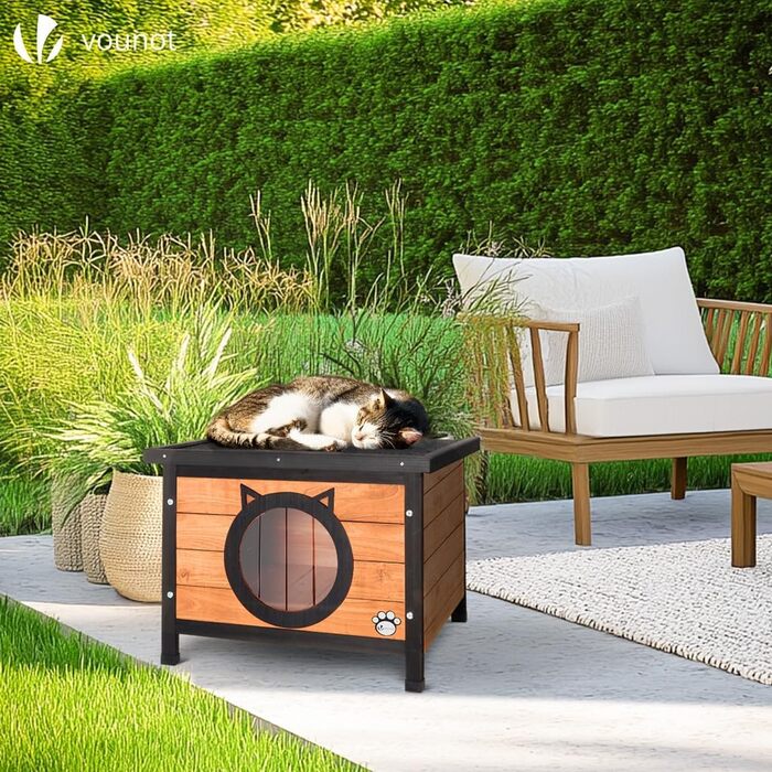 Будинок для котів VOUNOT® з асфальтовим дахом, вулиця, 57 x 45 x 43 см (дерево, вушка кота)