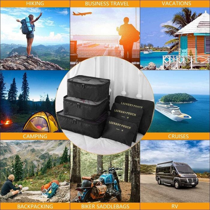 Органайзер для валізи Vicloon 8-в-1: комплект для подорожей, водонепроникні сумки для одягу, взуття та косметики (чорний)