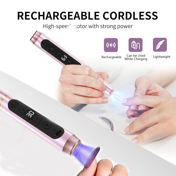 Портативний фрезер для нігтів бездротовий 12 в 1 Професійний електричний набір для манікюру та педикюру USB, перезаряджається, 9 режимів, 20000 об/хв (Рожевий)