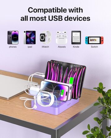 Зарядна станція SooPii USB з органайзером на 6 портів 50W, біла. В комплекті 6 кабелів та тримач для iWatch