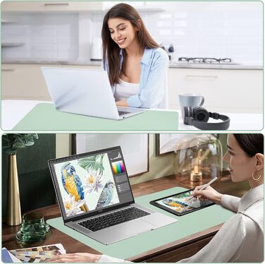 PINKCAT Килимок для миші 80x40 см, двосторонній, з PU-шкіри, захист столу для офісу та дому (світло-зелений + світло-блакитний)