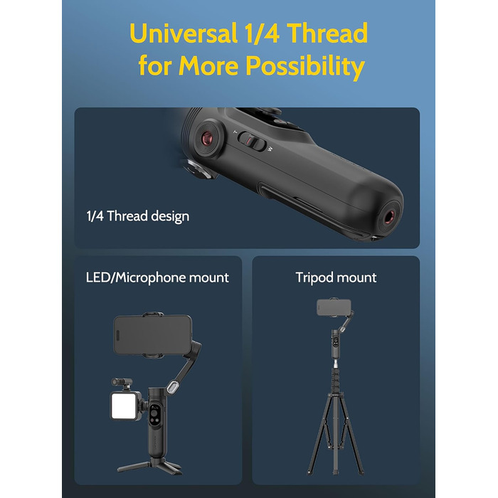 Стабілізатор для смартфона AOCHUAN 3-осьовий з функцією розпізнавання обличчя, вбудованим світлом та 1/4 дюйма різьбою. Підходить для iPhone 16/15 Pro, Android, TikTok-влогів. Чорний.