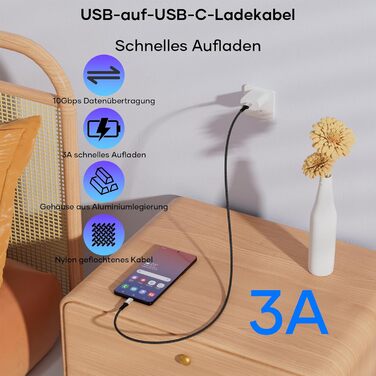 Кабель USB-A на USB-C 0.5м, 10 Гбіт/с, 60W, 3A, для iPhone 16/15/Pro Max, Samsung Galaxy S24/S23/S22/S21, iPad Pro, SSD та інших пристроїв