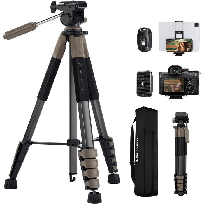 Штатив K&F Concept S255A3+BV01: Легкий штатив з сумкою, для камери/DSLR/Camcorder, з підтримкою смартфонів (190см, сірий)
