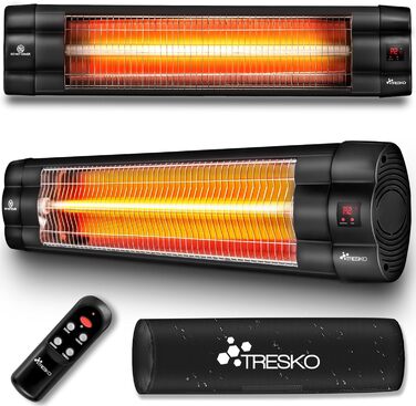 Інфрачервовий нагрівач TRESKO 2500W з пультом дистанційного керування | Тепловий нагрівач для тераси, електричний, 3 режими | Тепловий нагрівач для тераси та приміщення | Настінний інфрачервовий нагрівач з LED-дисплеєм, кварцовий, чорний
