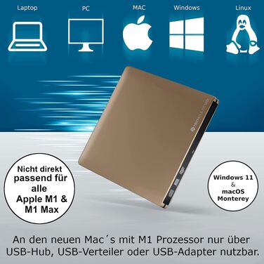 Зовнішній USB 3.0 DVD/CD привід techPulse120, портативний CDRW/DVDRW плеєр та записник для ноутбука, ПК та Ultrabook, Slim Drive, колір: золото (алюміній)
