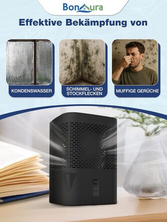 BonAura® Безструменевий осушувач повітря до 23 м² | 360° вентиляція | Осушувач для дому з виливом та 5 x 680 г гранул | Захист від плісняви та неприємних запахів | Осушувач повітря для квартири (Airone Black + 5 X гранул)