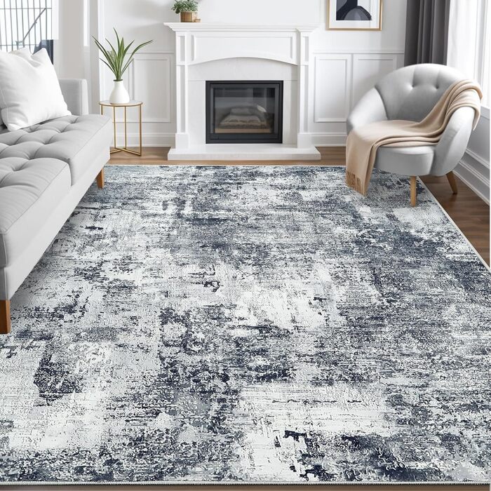 Килим для вітальні та спальні 160x230 см, сірий, короткий ворс, абстрактний, вінтажний дизайн, легко миється, не слизький