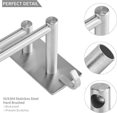 Тримач для рушників Vista без свердління, подвійний, 43.5 см, нержавіюча сталь, для ванної кімнати та кухні, самоклеючий