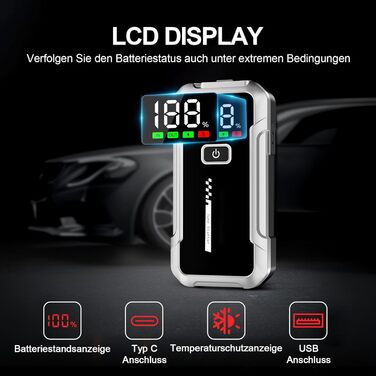 Портативний акумулятор Starthilfe для автомобіля 7000A: Запуск 12V авто, SUV, мотоцикла, газонокосарки. LED дисплей, чорний