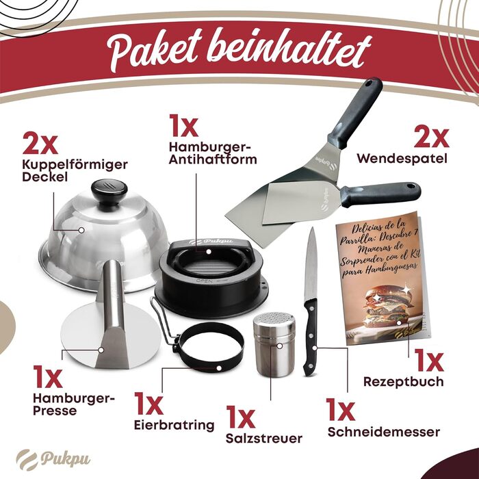 Набір для приготування Smash Burger: прес для бургерів, 2 форми для сиру, лопатка та шампури для гриля – ідеальний подарунок для чоловіків та любителів гриля (9 шт., чорний)