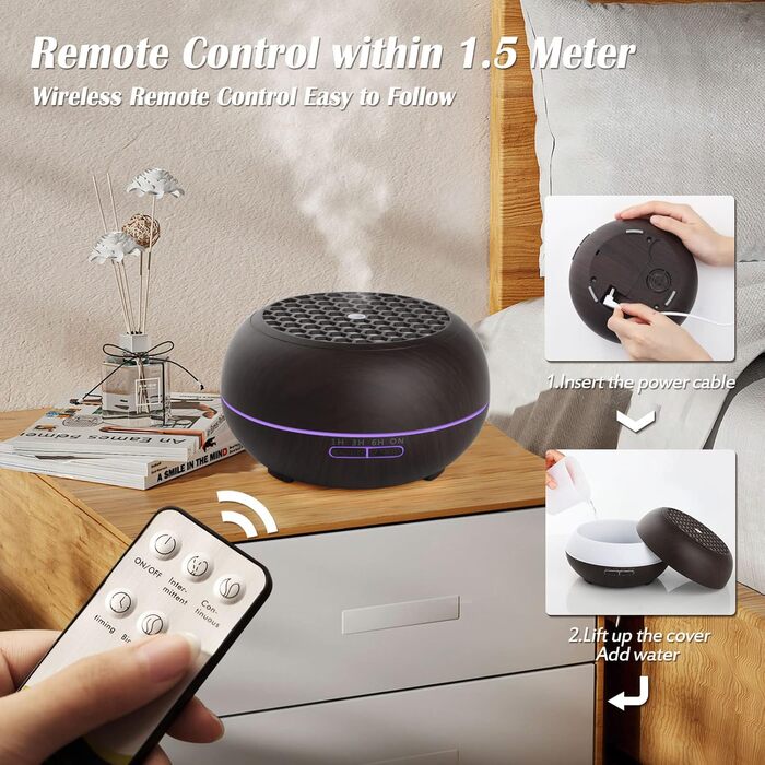 Дифузор аромату Simpeak 550мл, ультразвуковий дифузор для ефірних олій з дерева, зволожувач повітря з дистанційним керуванням (темно-коричневий)