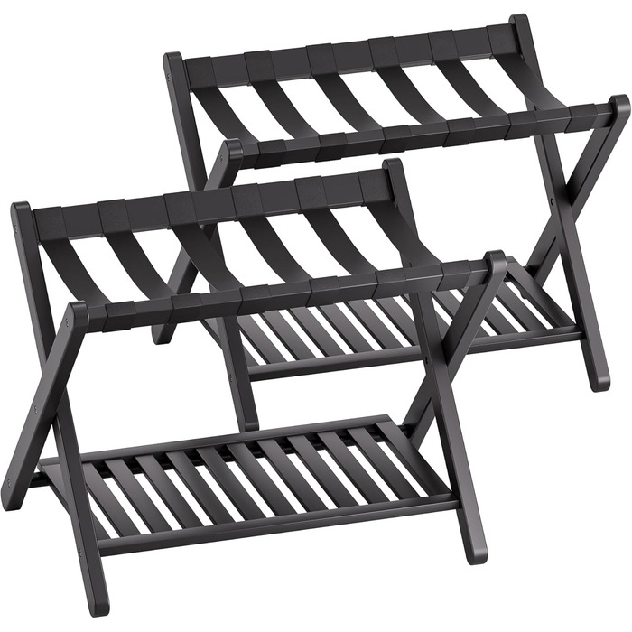 SMIBUY Luggage Rack, 2-Pack, Foldable Bamboo Suitcase Stand with Shelf for Guest Room, Bedroom, Hotel, Heavy-Duty (Black)