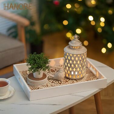 Hanobe Rectangular Wooden Tray Decor Serving Tray: Boho Decor Tray Flowers Wood Tray with Handle White Small Candle Trays Farmhouse Candle Tray for Coffee Table Tealight Kitchen Table