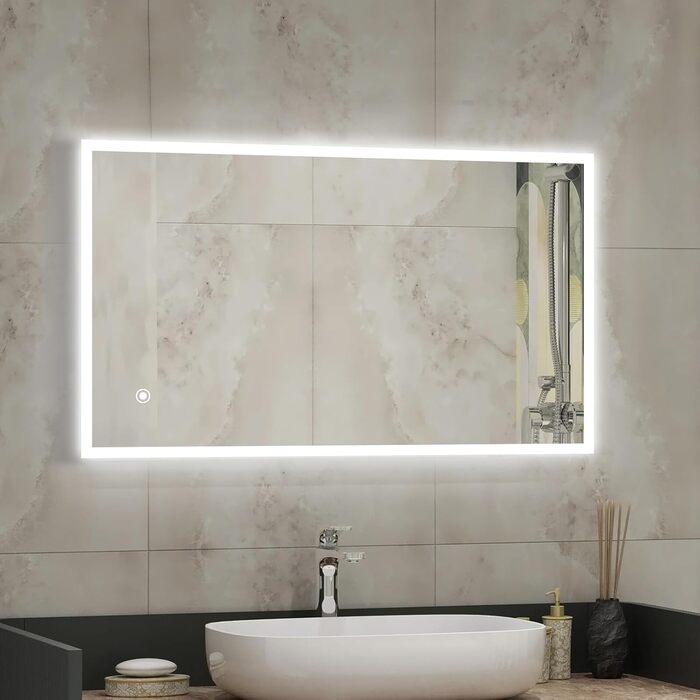 Дзеркало для ванної кімнати з підсвічуванням 70x50 см | LED дзеркало | IP54 вологостійке | Сенсорне управління | Настінне дзеркало | Горизонтальна/Вертикальна установка 6500K холодне біле світло