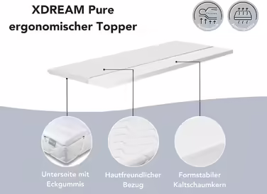 XDREAM Pure | Ergonomic mattress topper with a high-quality cold foam core | Ties for securing | Öko-Tex certified | 140 x 200 cm